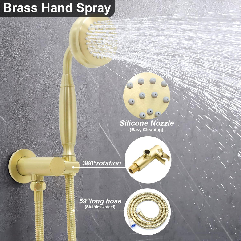Enga Brushed Gold Antique Brass Tub Shower Faucet Fixture Shower System, 8inch Wall Mount Rain Shower with Spout and Hand Spray