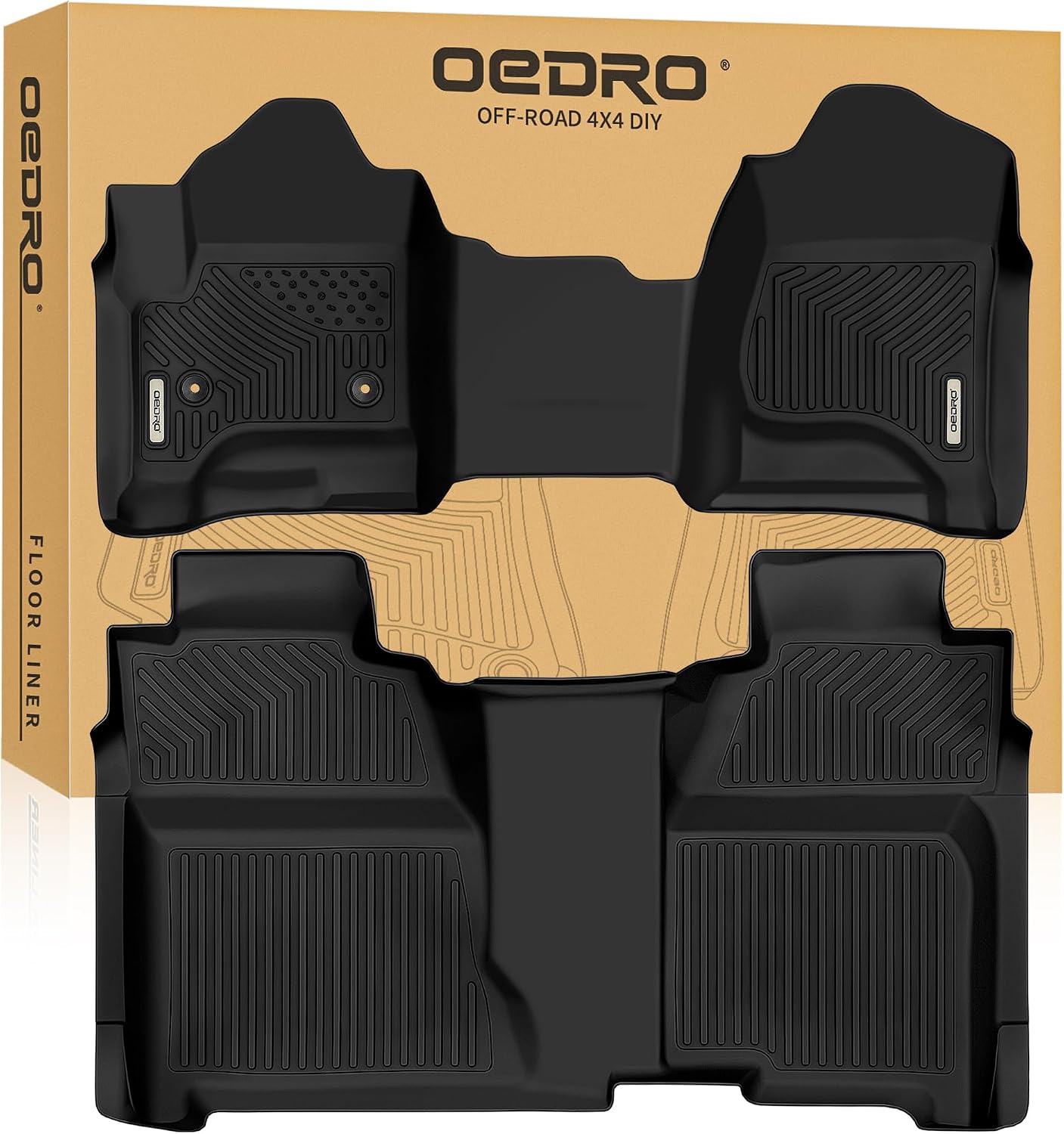 OEDRO Floor Mats Fit for 2014-2018 Silverado/Sierra 1500, 2015-2019 2500HD/3500HD Crew Cab, with 1st Row Bench Seat, Black TPE All-Weather Guard Includes 1st and 2nd Row: Full Set Liners