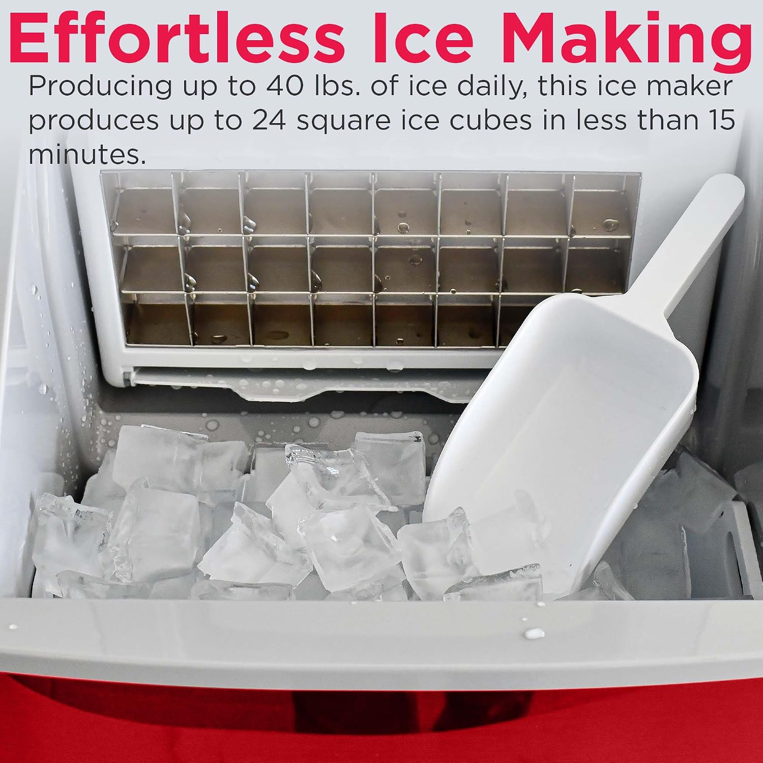 Frigidaire EFIC452-SSRED XL Maker, Makes 40 Lbs. of Clear Square Ice Cubes A Day, Stainless, Red Steel