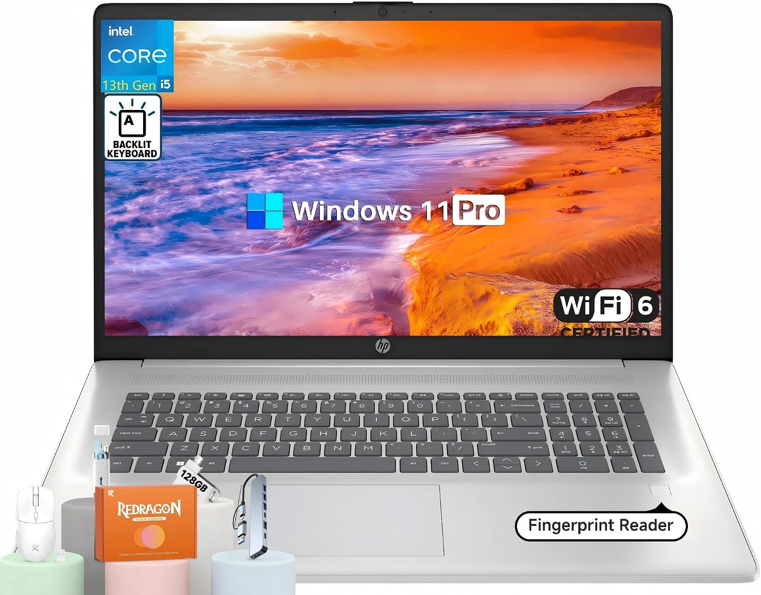 HP 17 Inch Laptop, 17.3' HD+ Display, Intel i5-1334U (10 Cores, Up to 4.6 GHz), 64 GB RAM, 2 TB SSD, Backlit Keyboard, Fingerprint Reader, Wi-Fi 6, HD Webcam, Windows 11 Pro for Business and Students