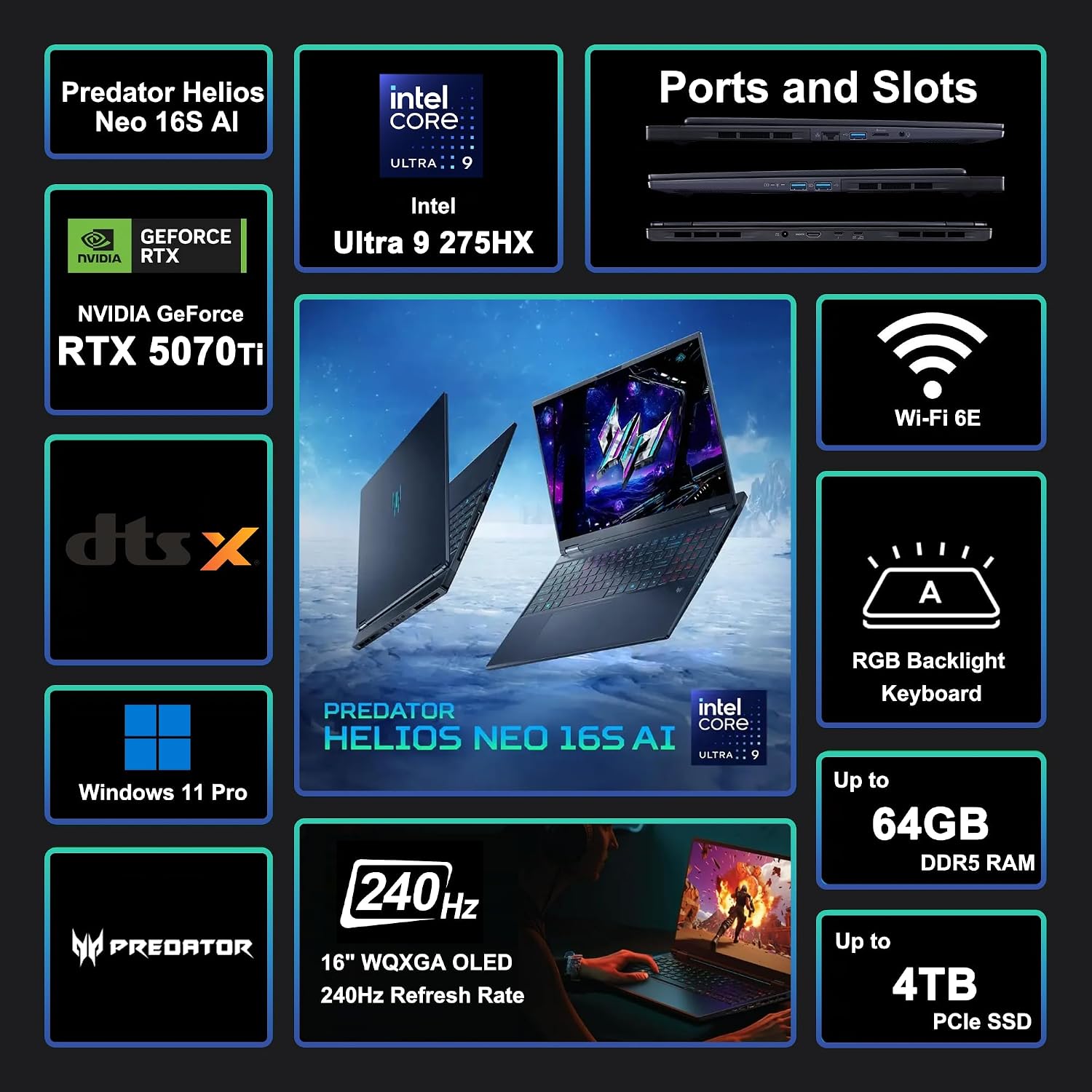 acer Predator Helios Neo 16S AI Gaming Laptop 16' WQXGA OLED 240Hz (100% DCI-P3) Intel 24-core Ultra 9 275HX 32GB DDR5 2TB SSD GeForce RTX 5070 Ti DLSS4 (Up to 992 AI Tops) Win11Pro ICP Hub