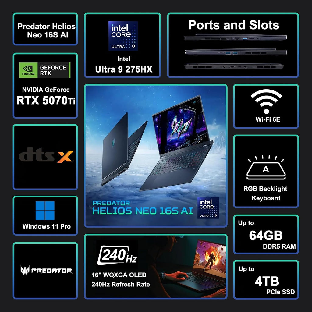 acer Predator Helios Neo 16S AI Gaming Laptop 16' WQXGA OLED 240Hz (100% DCI-P3) Intel 24-core Ultra 9 275HX 64GB DDR5 1TB SSD GeForce RTX 5070 Ti DLSS4 (Up to 992 AI Tops) Win11Pro ICP Hub