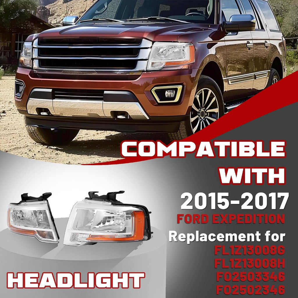 HECASA Pair Headlight Assembly w/LED Indicator Compatible with 2015 2016 2017 Ford Expedition Headlamp w/Bulbs Driver & Passenger Side Clear Lens Chrome Housing Replacement for FO2503346 FO2502346