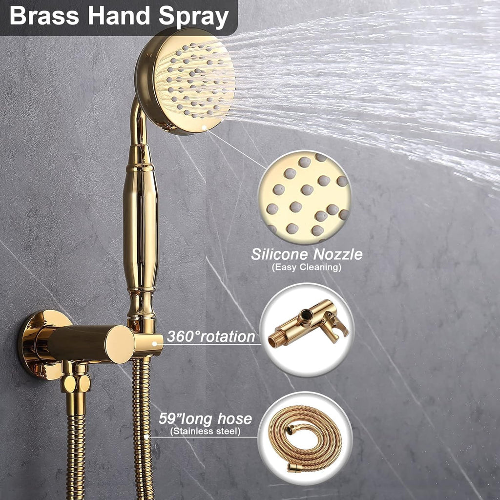 Enga Bright Gold Brass Shower Tub Faucet System Antique 8inch Rainfall Shower with Spout and Hand Spray