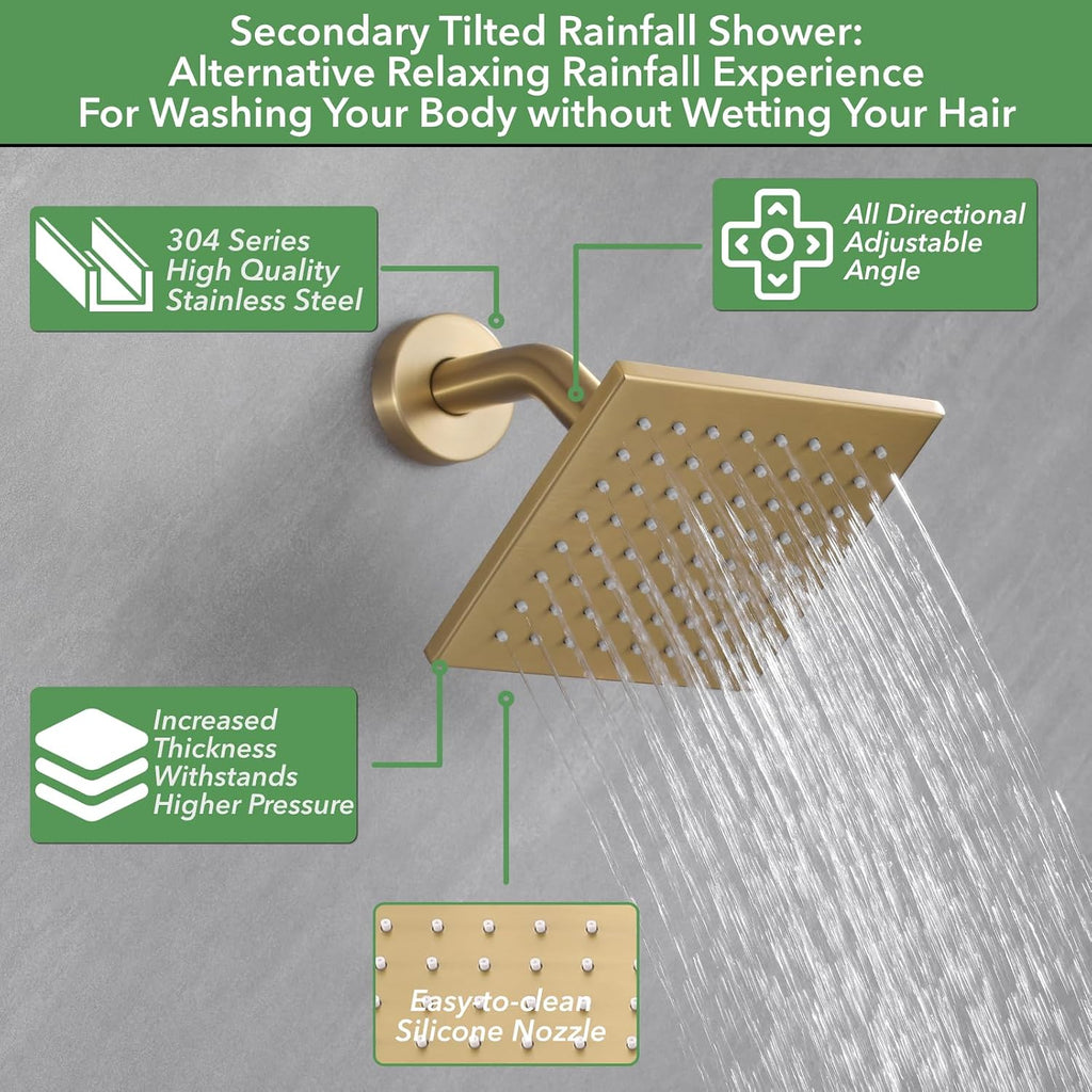 VANFOXLE Shower Faucet Set Brushed Gold Shower System, Push Button Diverter Shower Faucet with 2 in 1 Handheld, Wall Mount 10 Inch Shower Head Increased Thickness with 6 Inch Shower Head