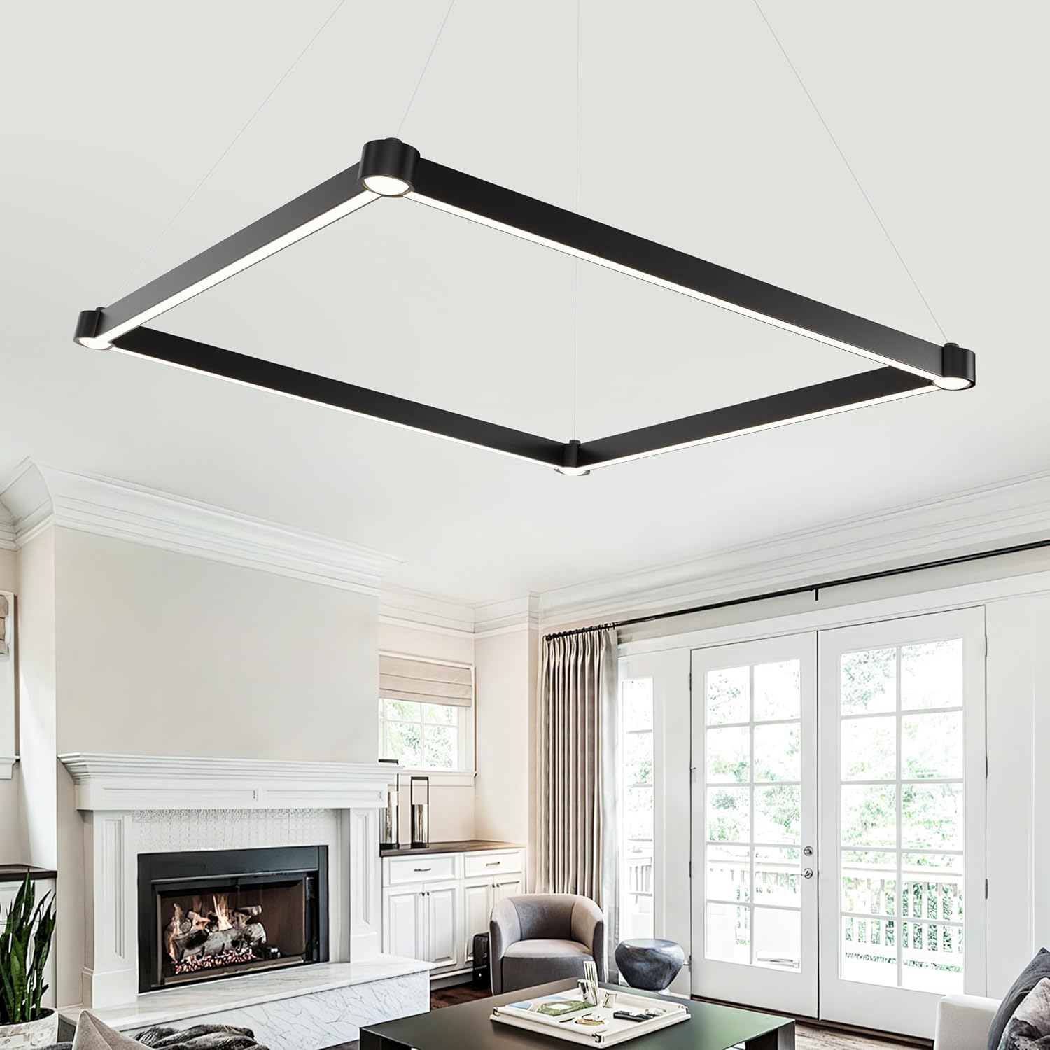 WELAKl Black Modern Square Chandelier, Square Ceiling Light Fixture, Contemporary Chandelier Pendant Light for Kitchen lsland, Dining Room, Bedroom