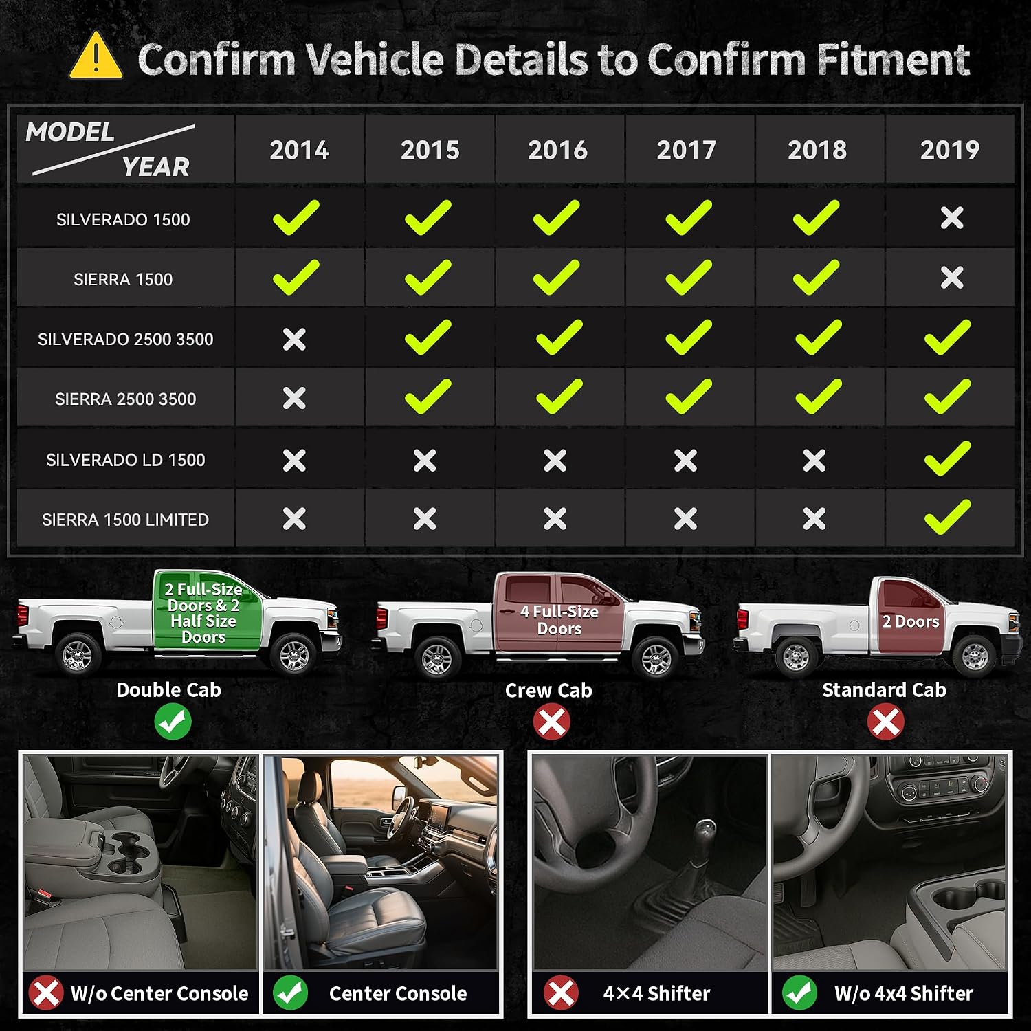 OEDRO Floor Mats Fits for 2014-2018 Chevrolet Silverado/GMC Sierra 1500 Double Cab, 2019 Silverado LD/Sierra Limited; 2015-2019 2500HD/3500HD, All Weather Guard 1st and 2nd Row Custom Fit Liners