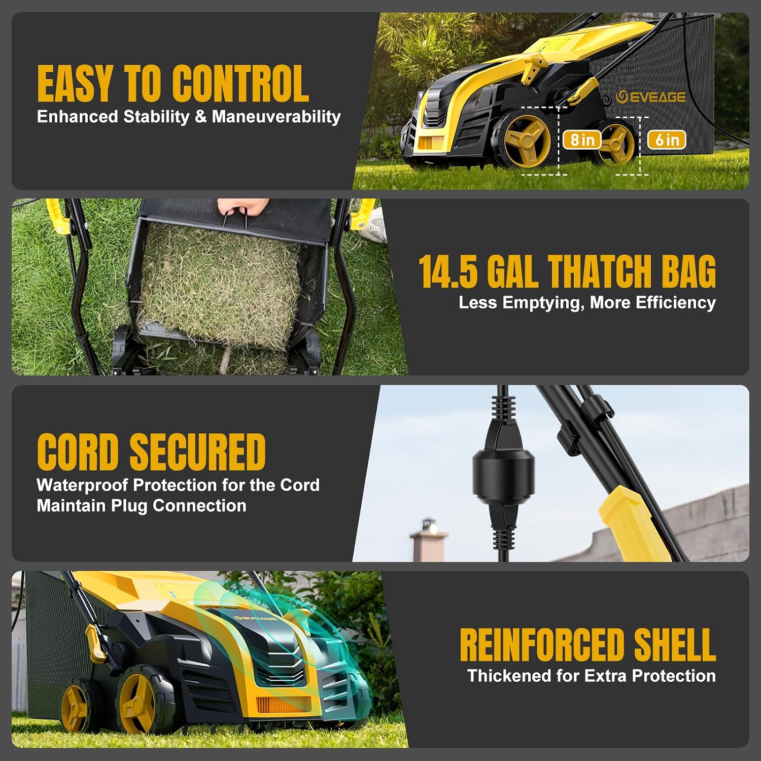 EVEAGE 16-Inch 15 Amp Electric Dethatcher & Scarifier, 2-in 1 Thatcher for Lawn with 5-Position Depth Adjustment, 14.5gal Collection Bag, Increases Lawn Health
