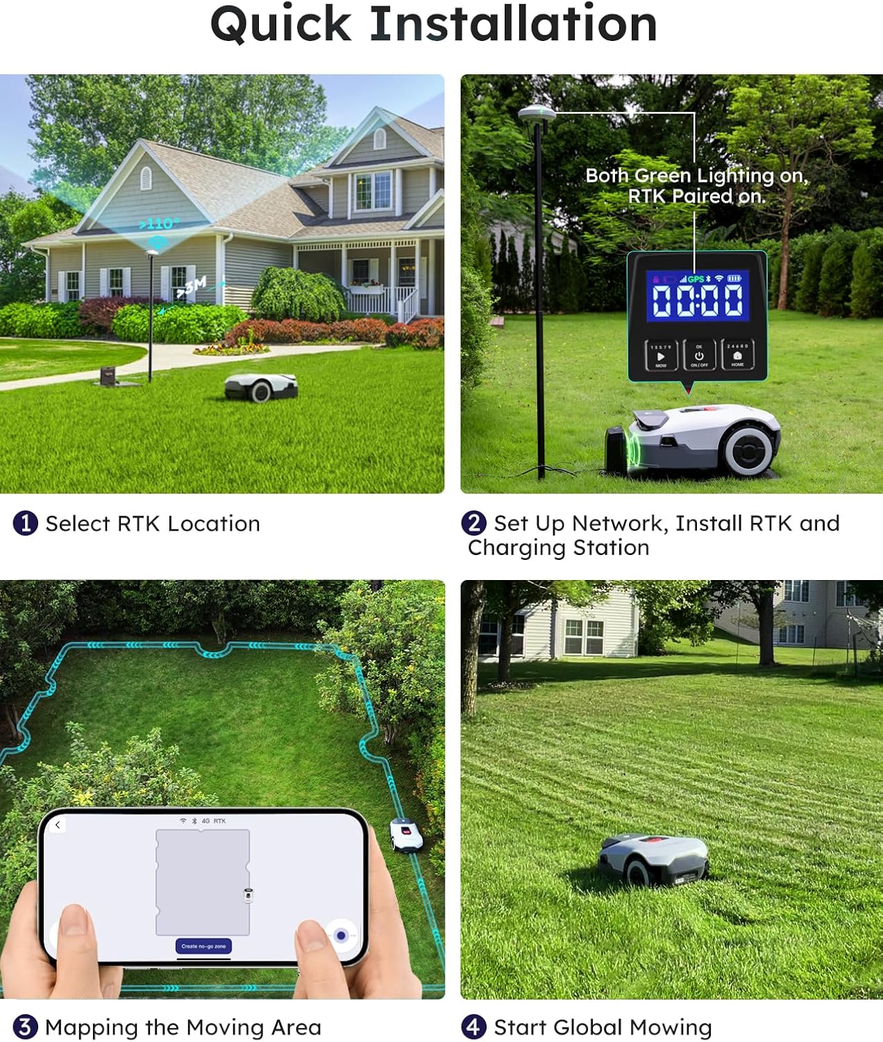 Robot Lawn Mower NO Wire - 0.5 Acre, Full Band RTK+4-Eye Vision Robotic Lawnmower, Automatic Mapping, 20 Multi-Zone Management, Accurate Obstacle Avoidance, Intelligent Anti-Theft, APP Control
