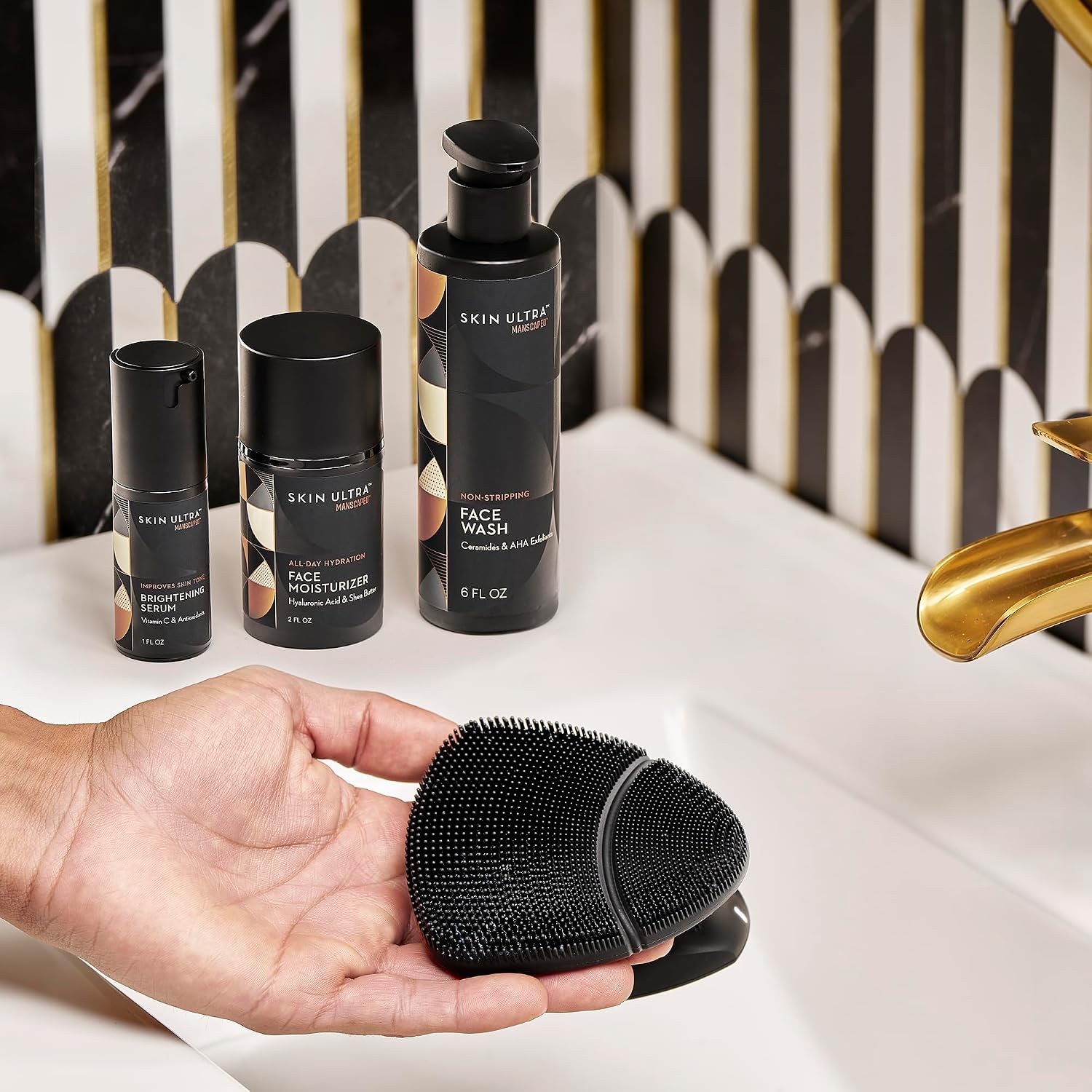 MANSCAPED® The Face Buffer PRO, Skin Ultra™ Face Wash, Face Moisturizer & Brightening Serum Bundle – Men's Daily Skincare Routine for Cleansing, Exfoliating, Hydration & Radiance