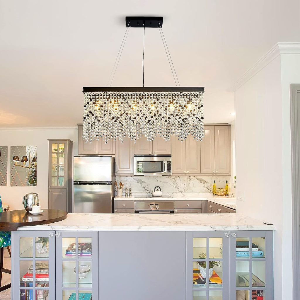 Q&S Black Modern Crystal Chandelier,L30 6-Light Luxury Rectangle Chandelier Light Fixtures for Dining Room Kitchen Island Bar UL Listed