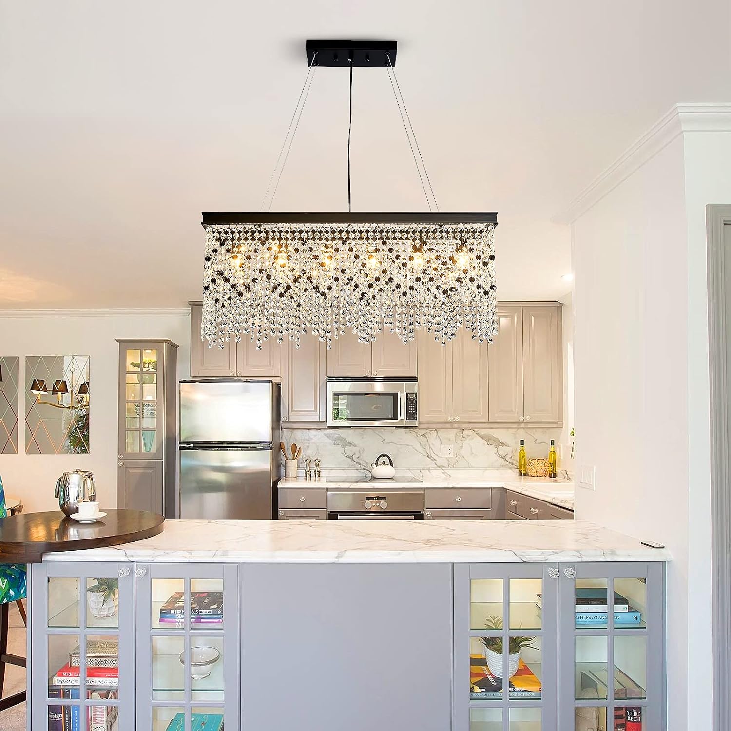 Q&S Black Modern Crystal Chandelier,L30 6-Light Luxury Rectangle Chandelier Light Fixtures for Dining Room Kitchen Island Bar UL Listed