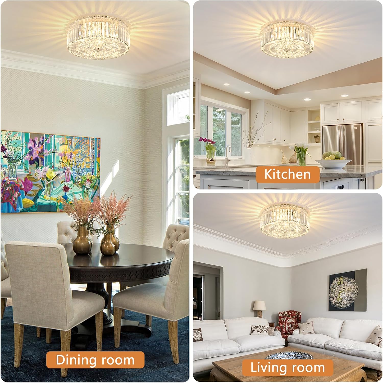 17.5' Large Crystal Ceiling Light, 4-Lights Flush Mount Crystal Ceiling Light, Chrome Ceiling Lamp Modern Chandelier for Bedroom, Dining Room,Living Room, XDD007-4-CH