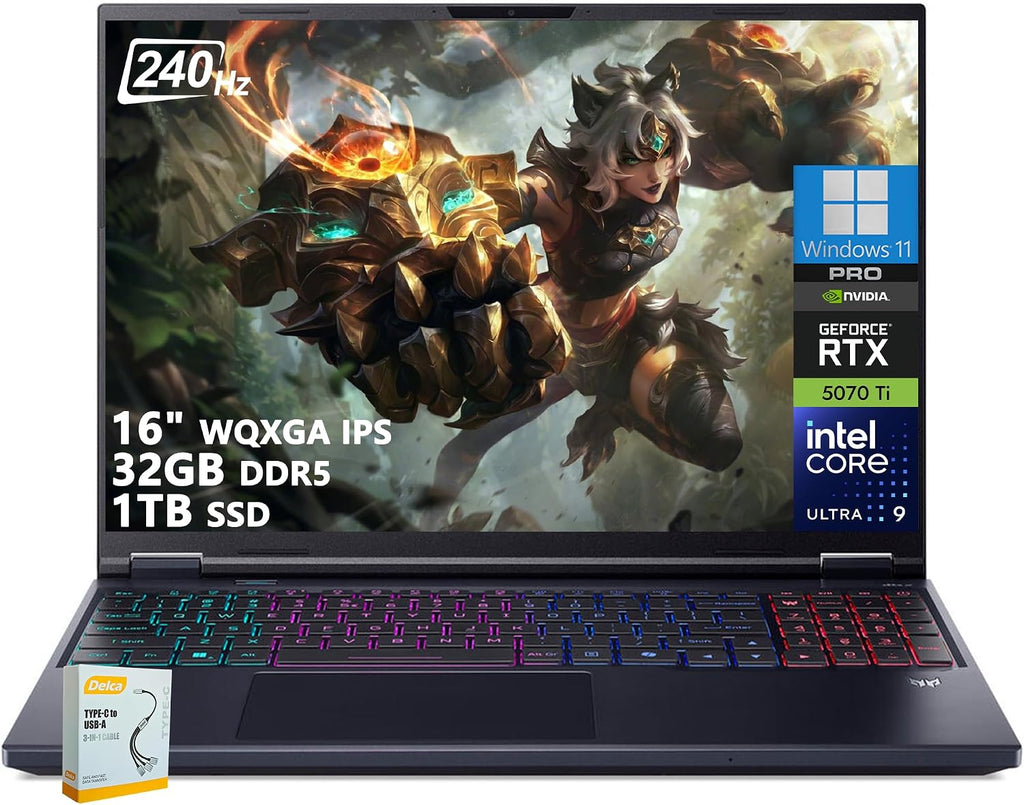 acer Predator Helios Neo 16 AI Gaming Laptop | 16' WQXGA IPS 240Hz | Intel Core Ultra 9 275HX | 32GB DDR5 1TB SSD | GeForce RTX 5070 Ti (Up to 992 AI Tops) | RGB Backlit Win11 Pro w/DLCA Accessory