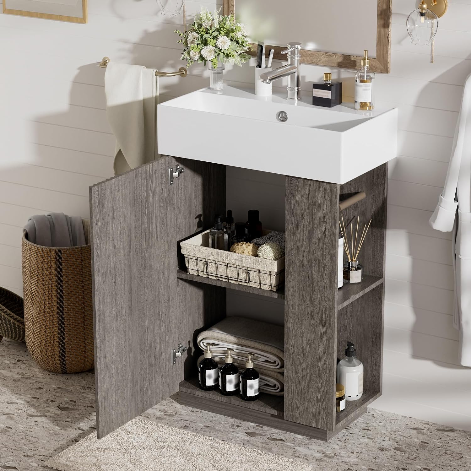 21.6-inch Bathroom Vanity with Reversible Sink, Free-Standing Single Storage Cabinet with One Left Door and Side Open Shelf, Vanity with Ceramic Basin for Bathroom (Dark Grey)