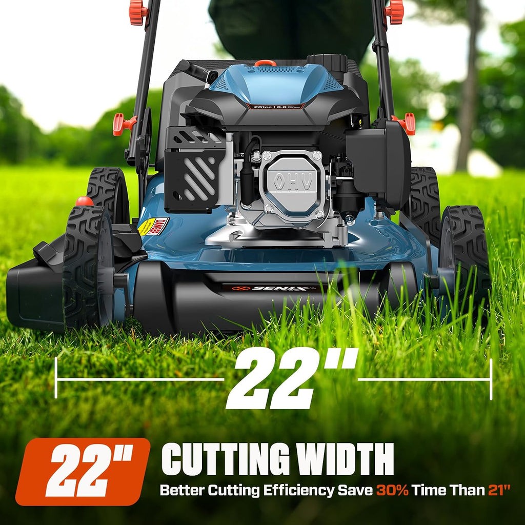 SENIX 201cc 22' 3-in-1 Gas Lawn Mower, Variable Speed Rear Wheel Self-Propelled Mower, Mulching, Bagging, Discharging, Foldable, 6 Cutting Height Adjustable, for Garden Yard