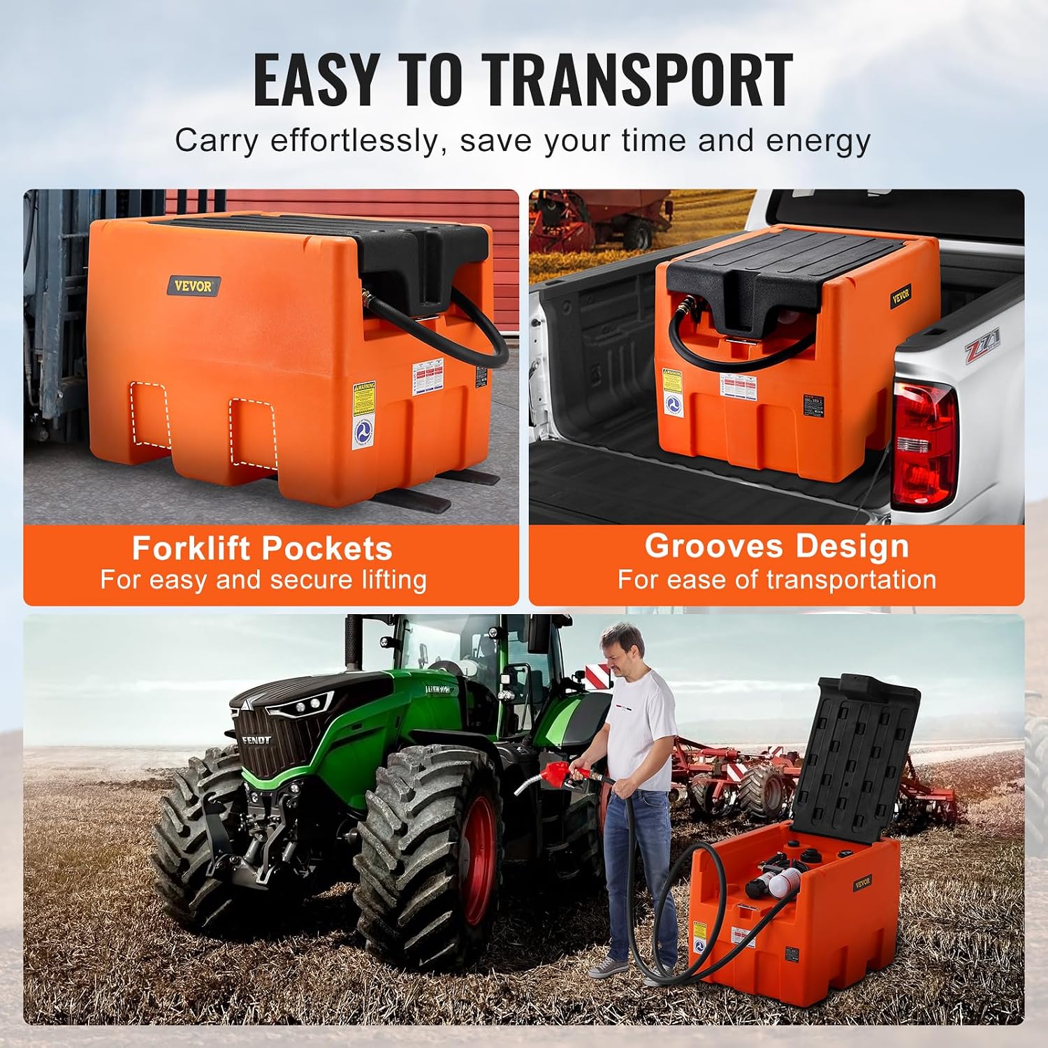 VEVOR Portable Diesel Tank, 48 Gallon, 10.6GPM Flow Rate, Diesel Fuel with 12V Electric Transfer Pump, 13.1 ft Hose, Auto Fueling Nozzle, Transfer Tank for Easy Fuel Transportation, Orange