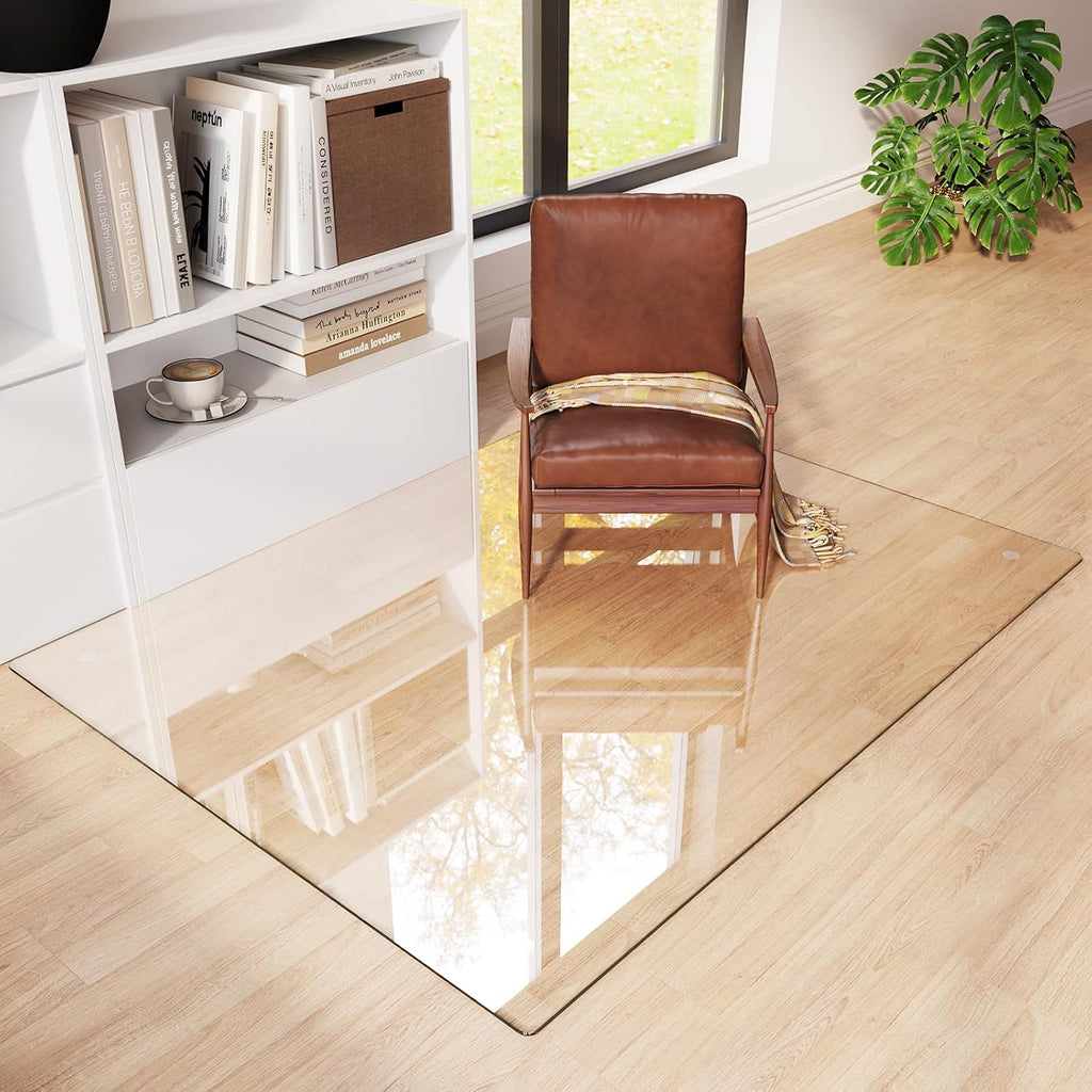 Tempered Glass Chair Mat 58'x44' – Ultra-Clear Office Chair Mat for Hardwood Floors & Low-Pile Carpets – Heavy-Duty 0.2' Scratch-Resistant Surface with Non-Slip Pads – Supports 1,000 lbs