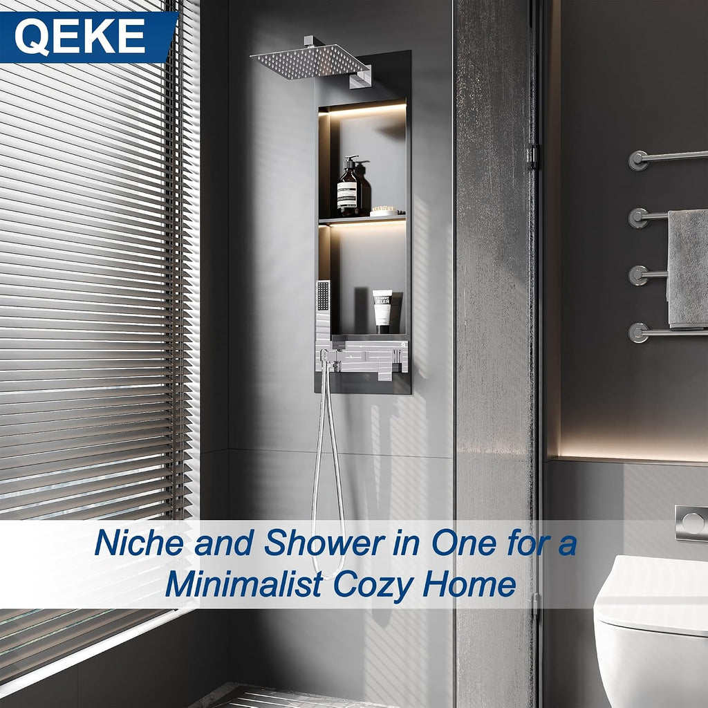 Integrated Shower Niche with Shower Head and Hand Shower, Qeke Stainless Steel Shower Tower System with Led Lights, 2-Tiers No Tile Needed Shower Niche for Bathroom in Gunmetal Black (Brushed Shower)