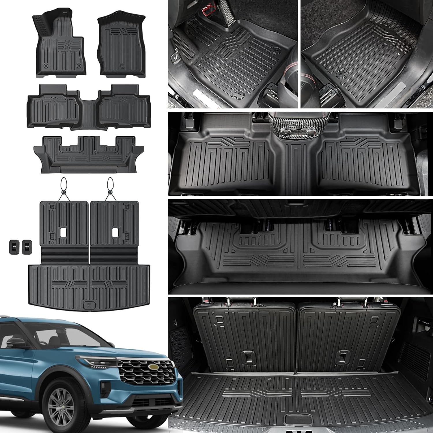 Floor Mats for 2020-2025 2026 Ford Explorer 7 Seats Bench Seat Car Mat Accessories, All Weather TPE Cargo Mat Backrest Mat Active/Platinum