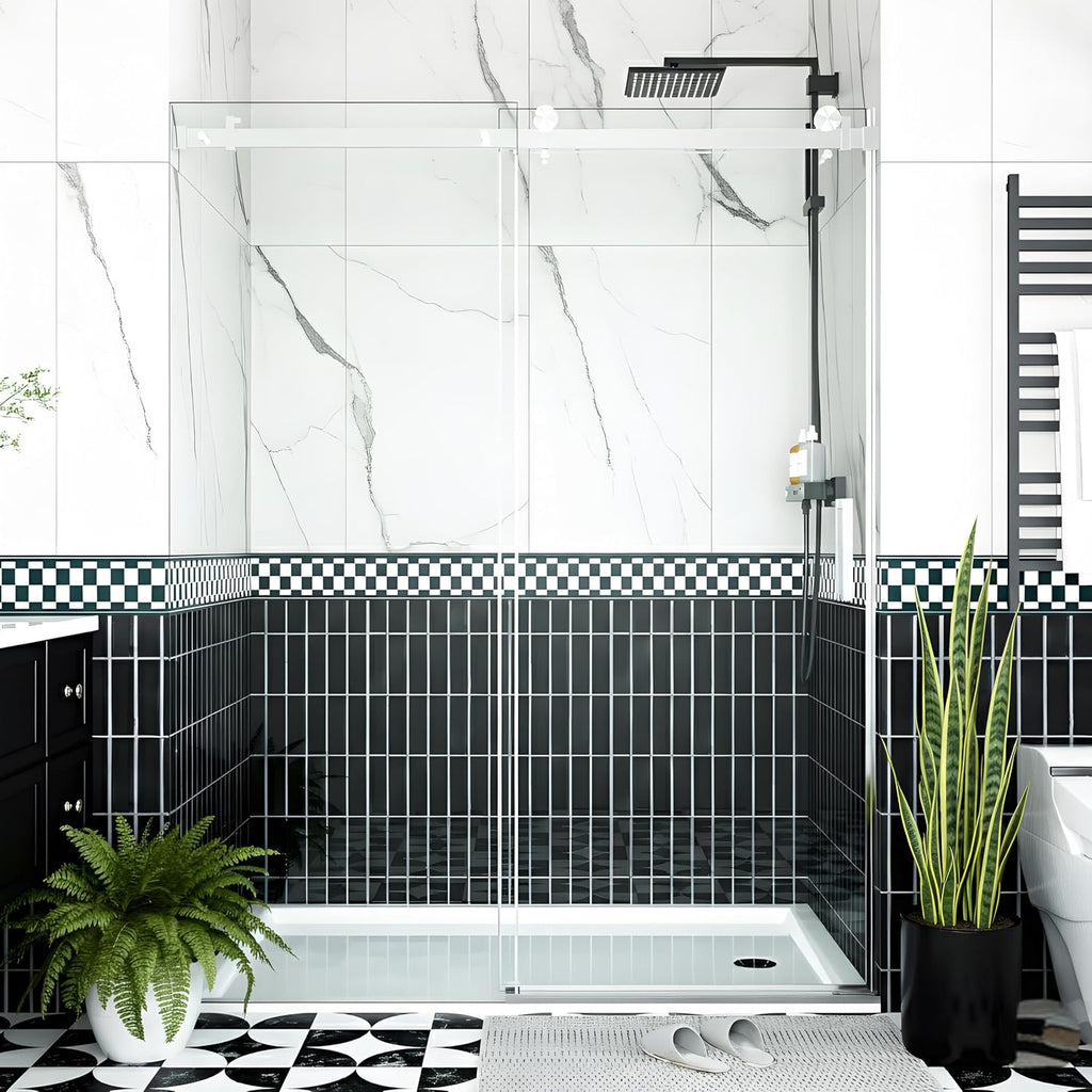 Sliding Shower Door 56–60 inch W× 76 inch H, Frameless Glass Shower Door with Square Stainless Steel Track and 55mm Rollers, 6mm Tempered Glass, Modern Sliding Shower Doors for Bathroom Remodeling