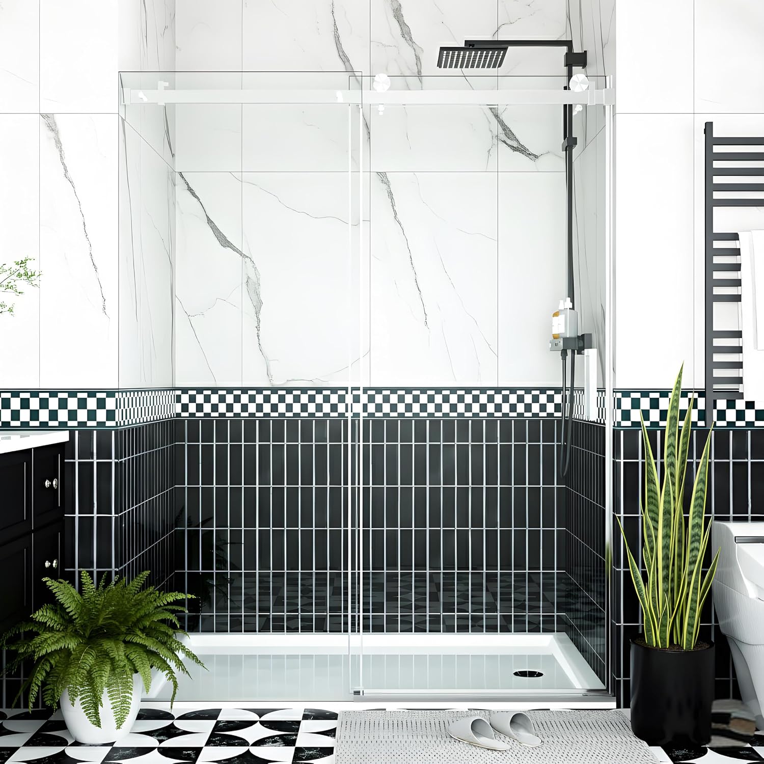 Sliding Shower Door 56–60 inch W× 76 inch H, Frameless Glass Shower Door with Square Stainless Steel Track and 55mm Rollers, 6mm Tempered Glass, Modern Sliding Shower Doors for Bathroom Remodeling
