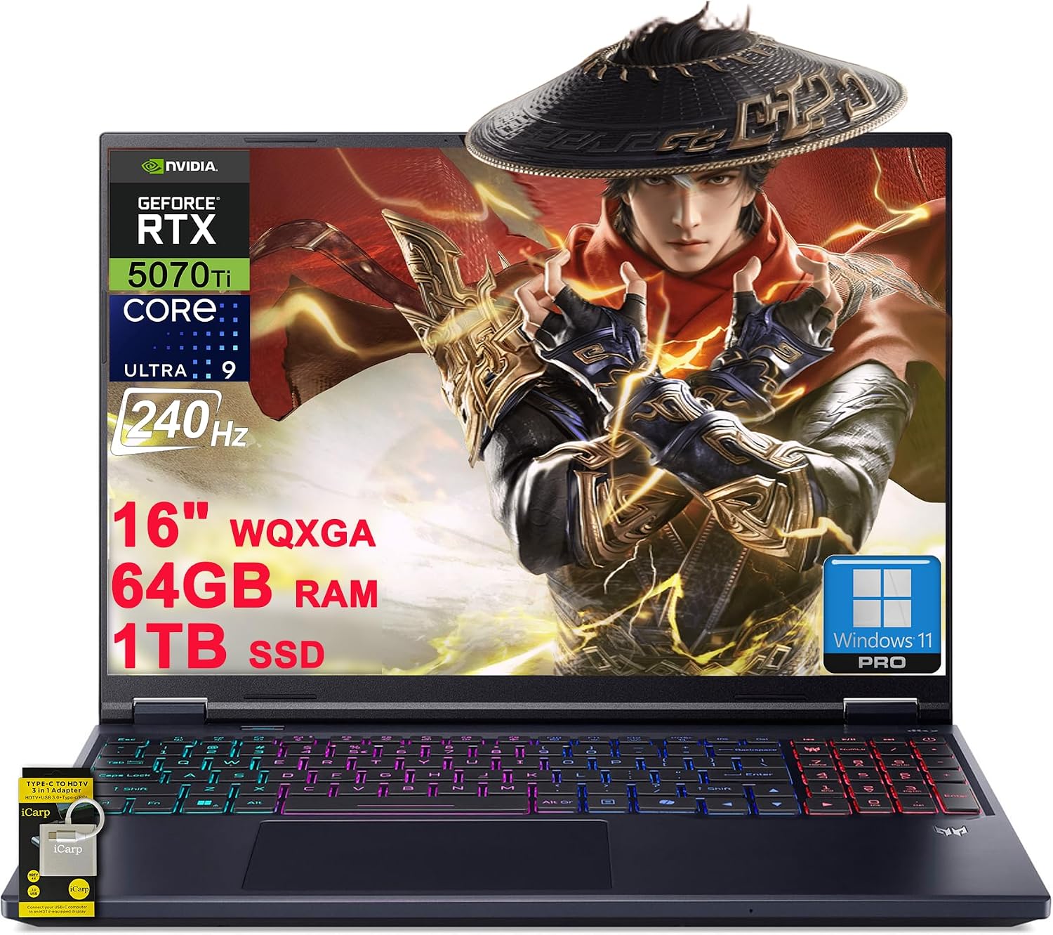 acer Predator Helios Neo 16S AI Gaming Laptop 16' WQXGA OLED 240Hz (100% DCI-P3) Intel 24-core Ultra 9 275HX 64GB DDR5 1TB SSD GeForce RTX 5070 Ti DLSS4 (Up to 992 AI Tops) Win11Pro ICP Hub