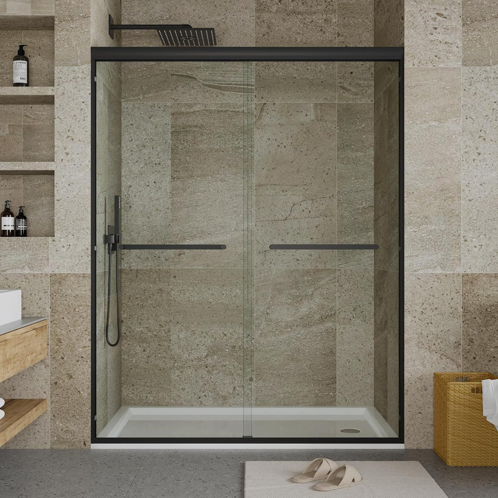 Sliding Glass Shower Door 56–60 Inch W x 72 Inch H, Shower Sliding Door with 8mm Tempered Glass, Double Shower Sliding Glass Door with Easy-Clean Coating, Matte Black Shower Glass Door