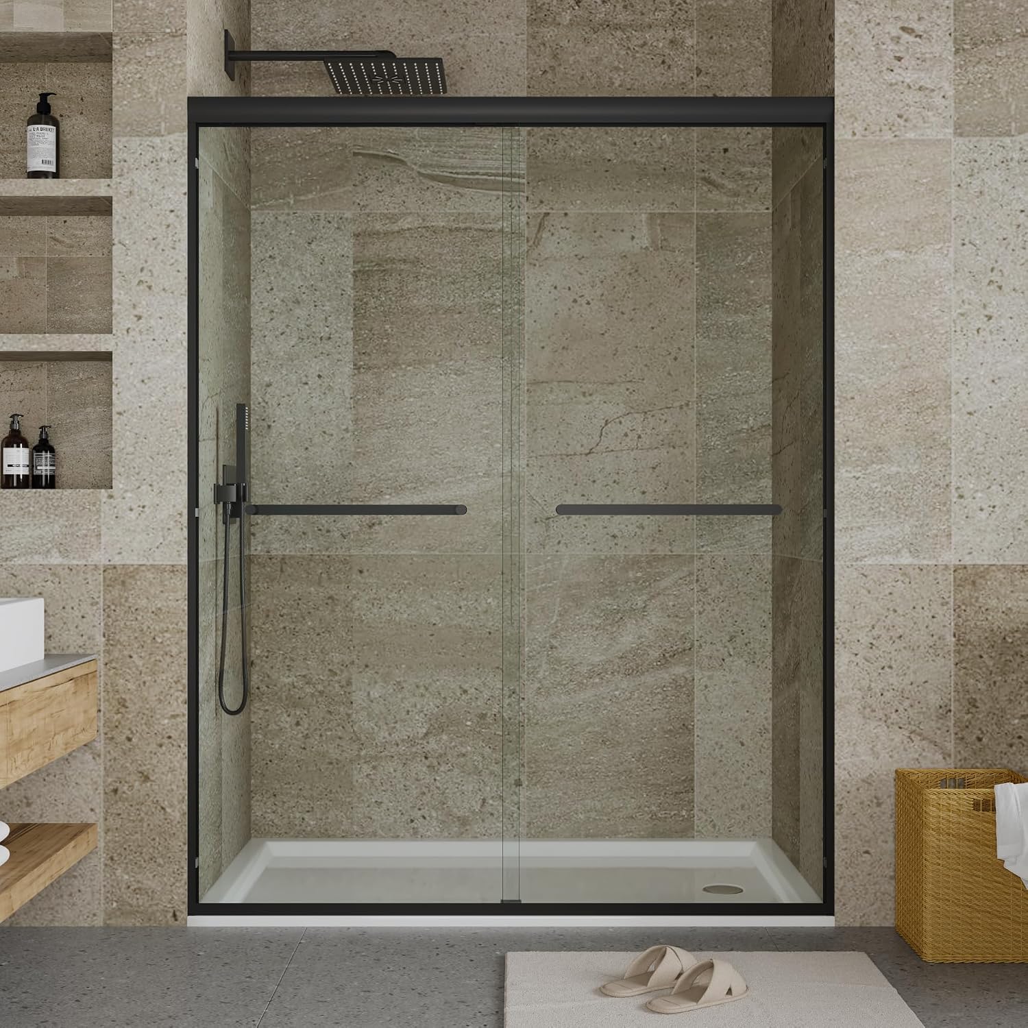 Sliding Glass Shower Door 56–60 Inch W x 72 Inch H, Shower Sliding Door with 8mm Tempered Glass, Double Shower Sliding Glass Door with Easy-Clean Coating, Matte Black Shower Glass Door