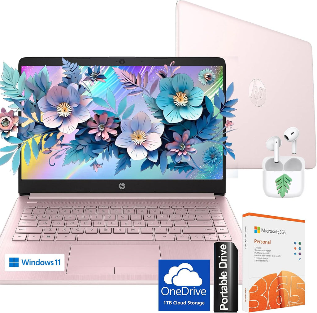HP Ultralight 14 inch Laptop with Intel 4-Core Processor • with Microsoft 365 and Wireless Earbuds • 16GB RAM • 64GB SSD • HD Display • Pink • Windows 11