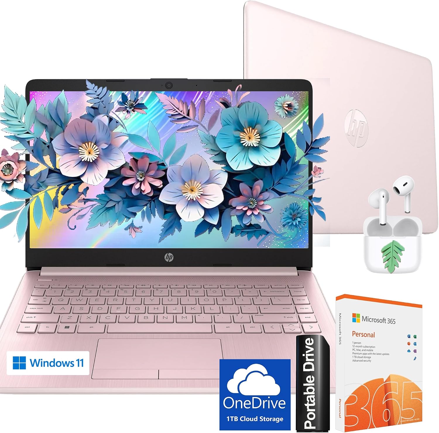 HP Ultralight 14 inch Laptop with Intel 4-Core Processor • with Microsoft 365 and Wireless Earbuds • 16GB RAM • 64GB SSD • HD Display • Pink • Windows 11