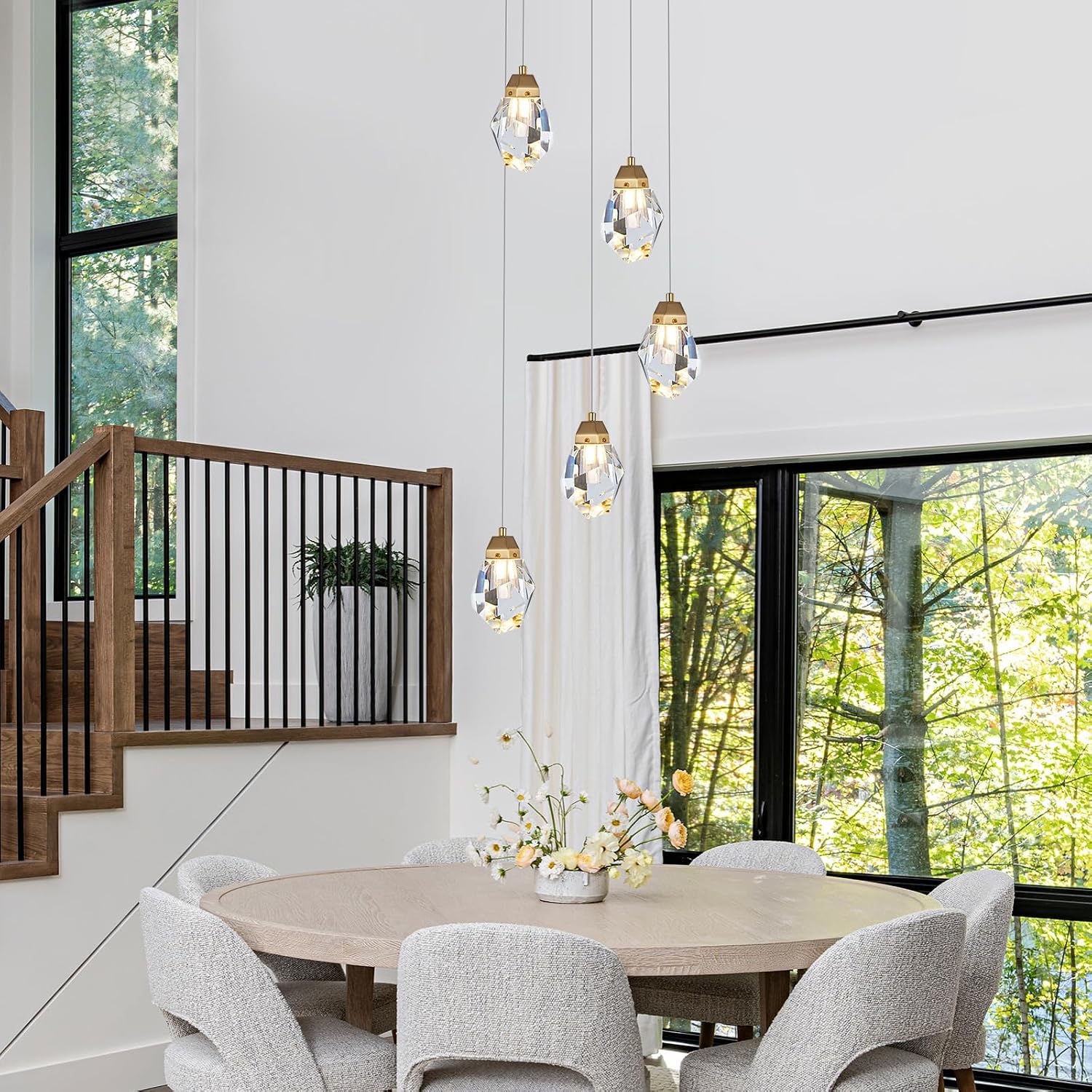 Dimmable Brass Gold Crystal Pendant Light - Modern 5-Light Diamond Chandelier for Kitchen Island, Dining Room, Hallway, and Bathroom
