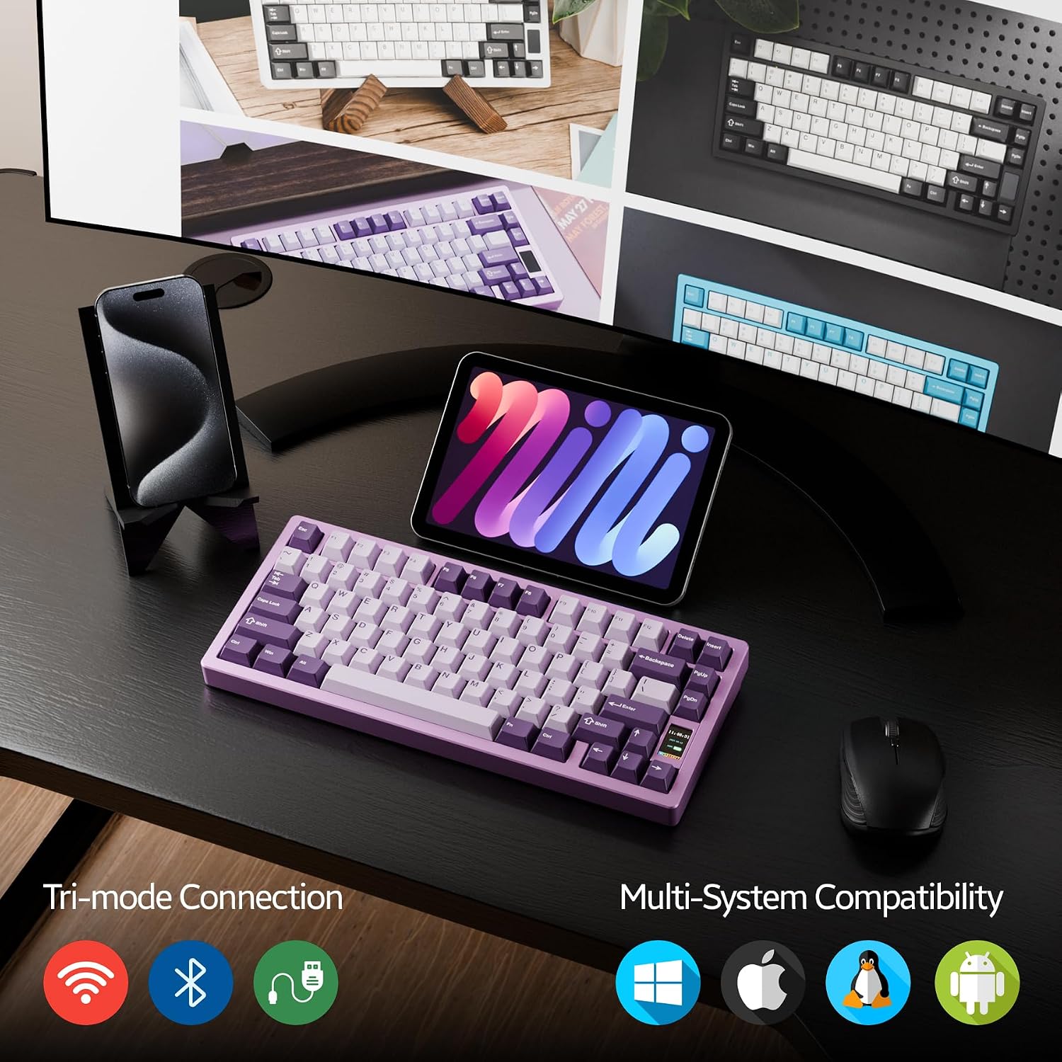 Chilkey ND75 Aluminum Keyboard 75% Percent Wireless Gaming Mechanical Keyboard with LCD Screen, Quick Assembly, BT/2.4G/USB-C, Hot Swappable Per-Key RGB Custom Purple Key Board for Laptop Office PC