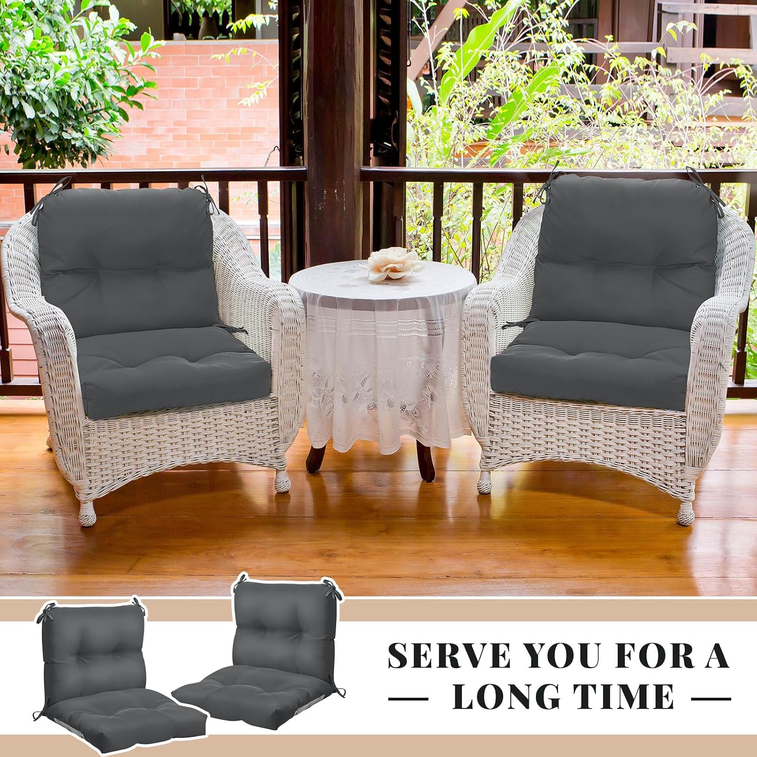 Geetery Outdoor Chair Cushions Set of 4 High Back Patio Furniture Replacement Seat Pads with Ties 42x21x4' for Lawn Porch Wicker Rocking Dining Chairs Weather Resistant Fade Resistant(Dark Gray)