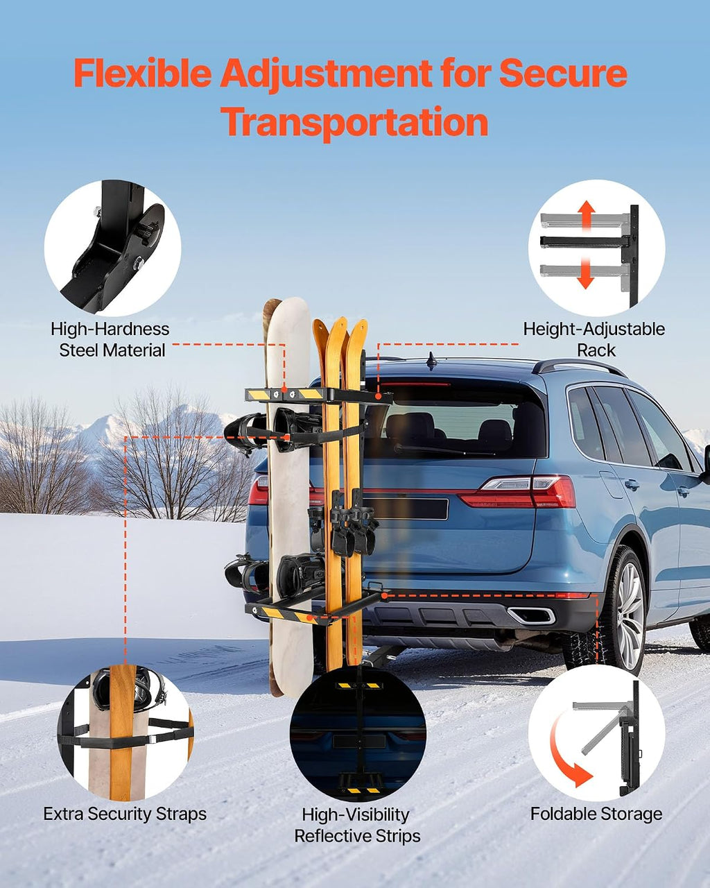 VEVOR Folding Hitch Mounted Ski & Snowboard Rack, Fits 2-Inch Receiver, Carries up to 6 Pairs of Skis or 4 Snowboards, Adjustable Hitch-Mounted Rack for Car with Key Lock, Security Strap, Tilt Access