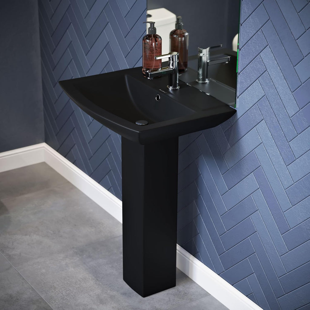 Sublime Square Two-Piece Ceramic Pedestal Bathroom Sink in Matte Black with Overflow, Single Faucet Hole, Standard 1.75 in Drain