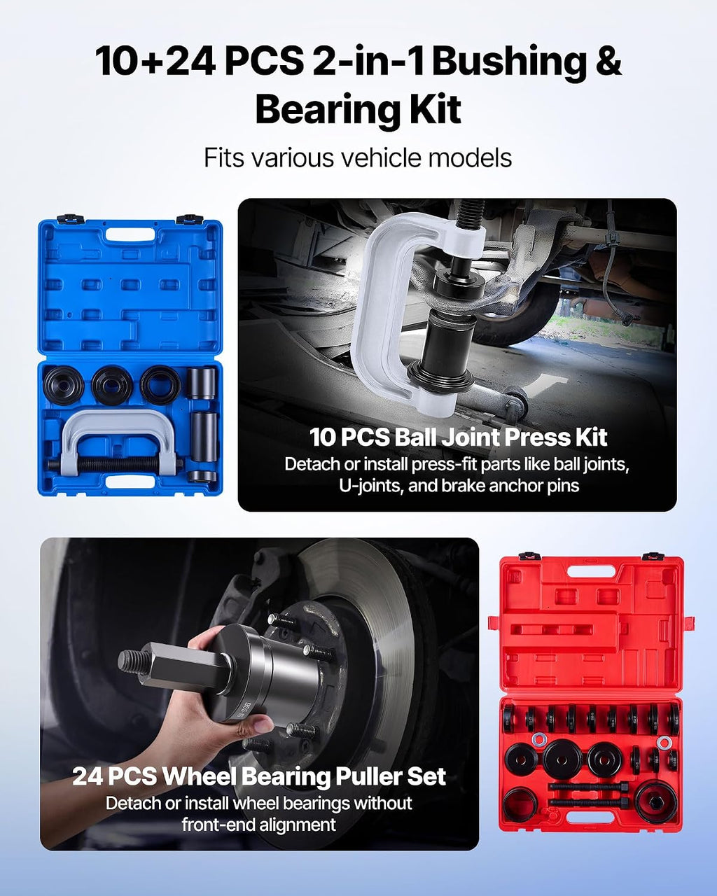 VEVOR 10pcs Ball Joint Press & 24pcs Wheel Bearing Race and Seal Driver Set with 13 Bushings, C-Frame and Sleeves, 2 in 1 Bearing Press Kit, Heavy Duty Removal Installation Set