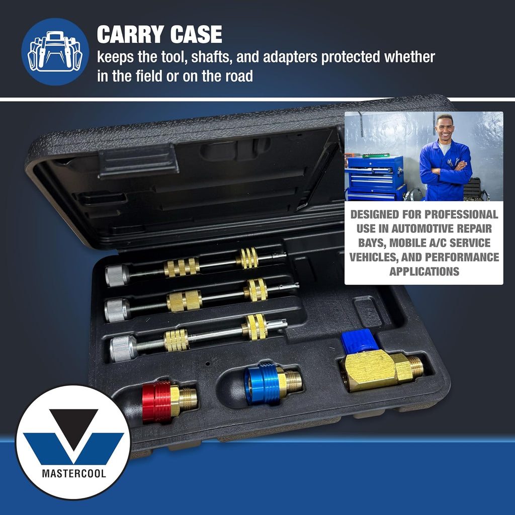 Mastercool 58490-YF R1234yf Valve Core Remover/Installer Kit – Services Standard Valve Cores Under Pressure – Includes 17mm & 14mm R1234yf Fittings and Storage Case