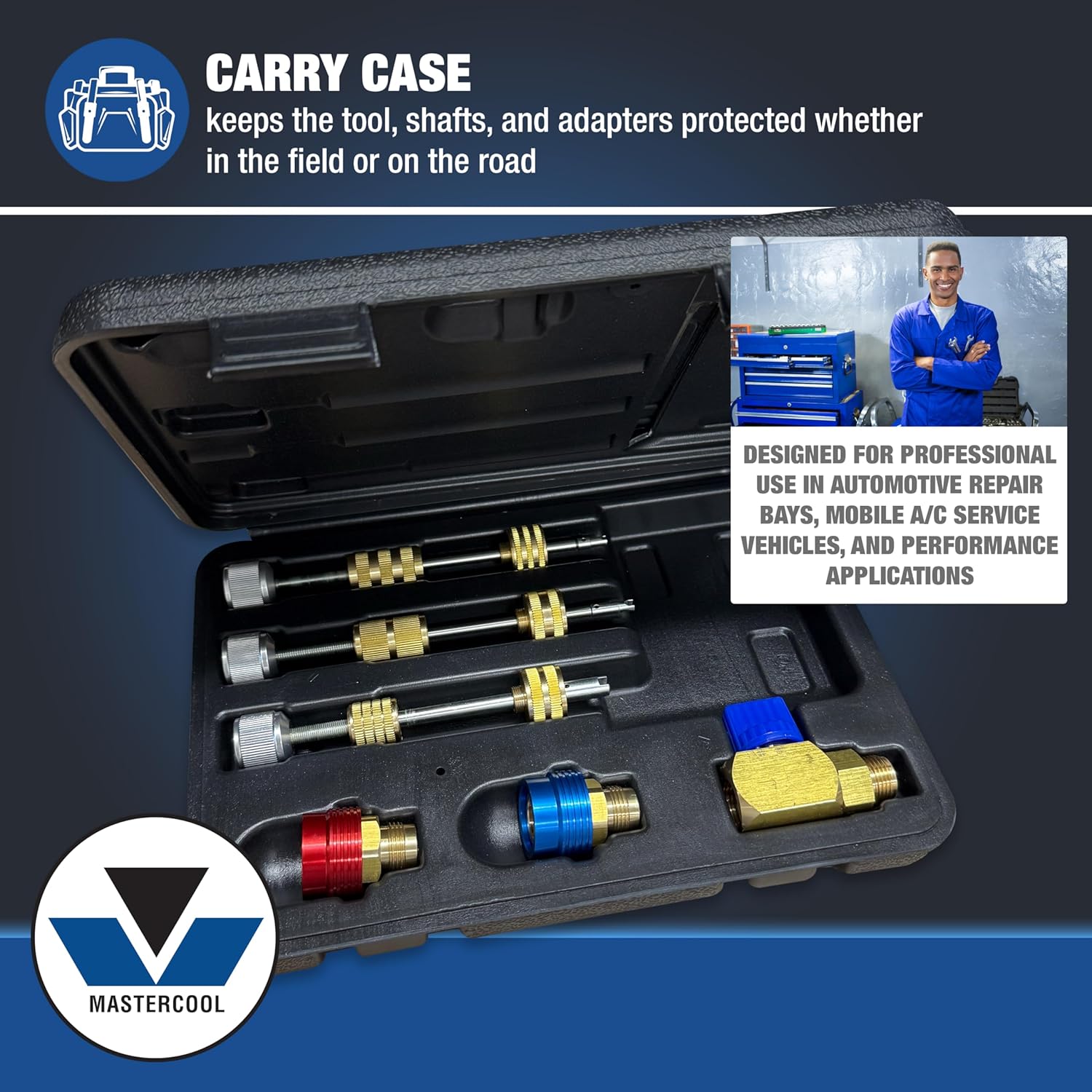 Mastercool 58490-YF R1234yf Valve Core Remover/Installer Kit – Services Standard Valve Cores Under Pressure – Includes 17mm & 14mm R1234yf Fittings and Storage Case