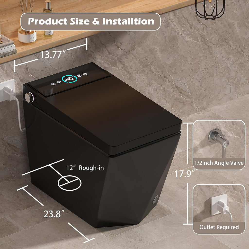 WinZo Square Smart Toilet Bidet For Modern Bathroom,Diamond-shaped Sleek Design Elonagted Rectangle 17' Comfort Bowl (Black)
