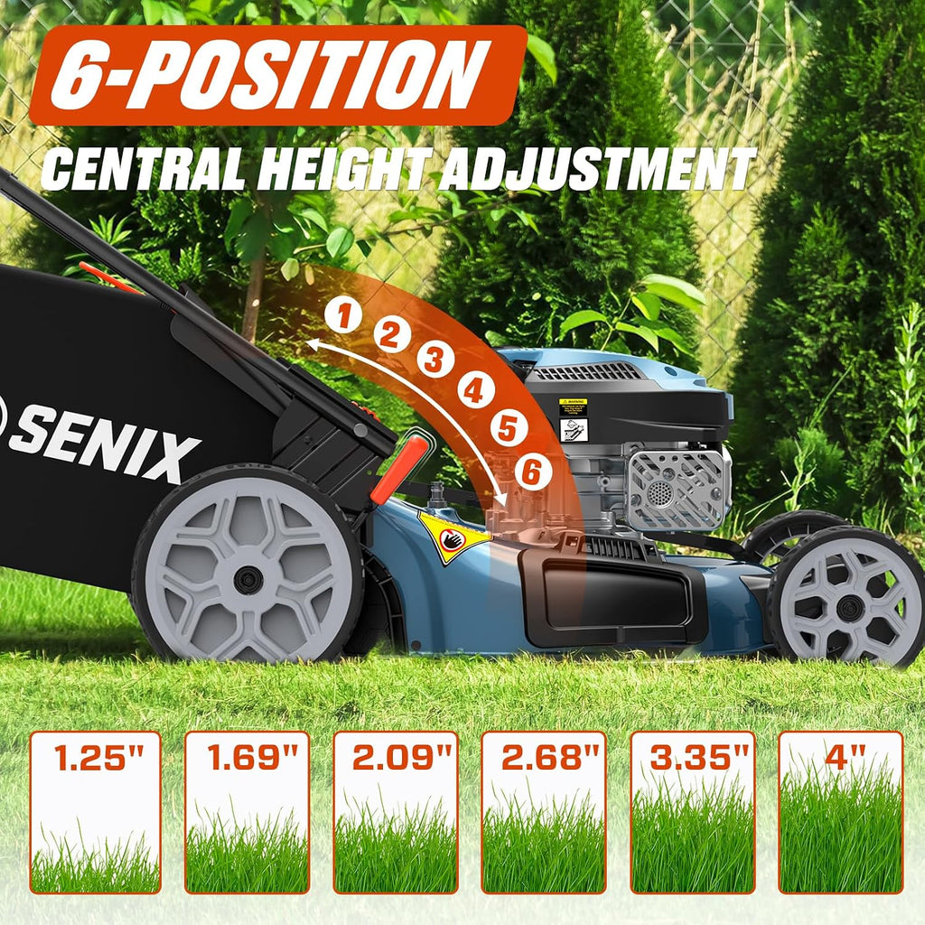 SENIX 22 Inch 3-in-1 Gas Lawn Mower, 201cc Rear Wheel Single Speed Self-Propelled Mower, 4-Cycle Engine, Steel Deck, Mulching, Bagging, Discharging, 6-Position Cutting Height Adjustable, for Yard