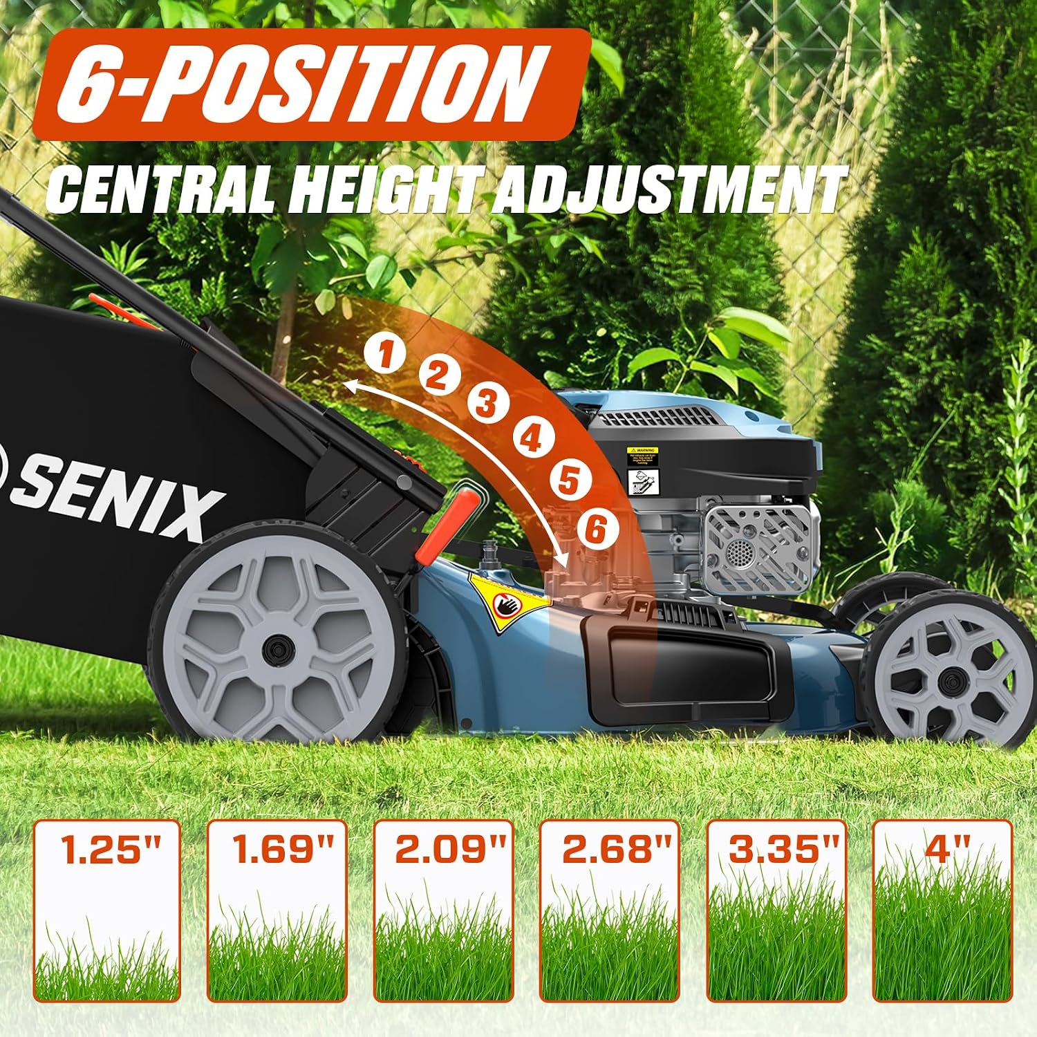 SENIX 22 Inch 3-in-1 Gas Lawn Mower, 201cc Rear Wheel Single Speed Self-Propelled Mower, 4-Cycle Engine, Steel Deck, Mulching, Bagging, Discharging, 6-Position Cutting Height Adjustable, for Yard