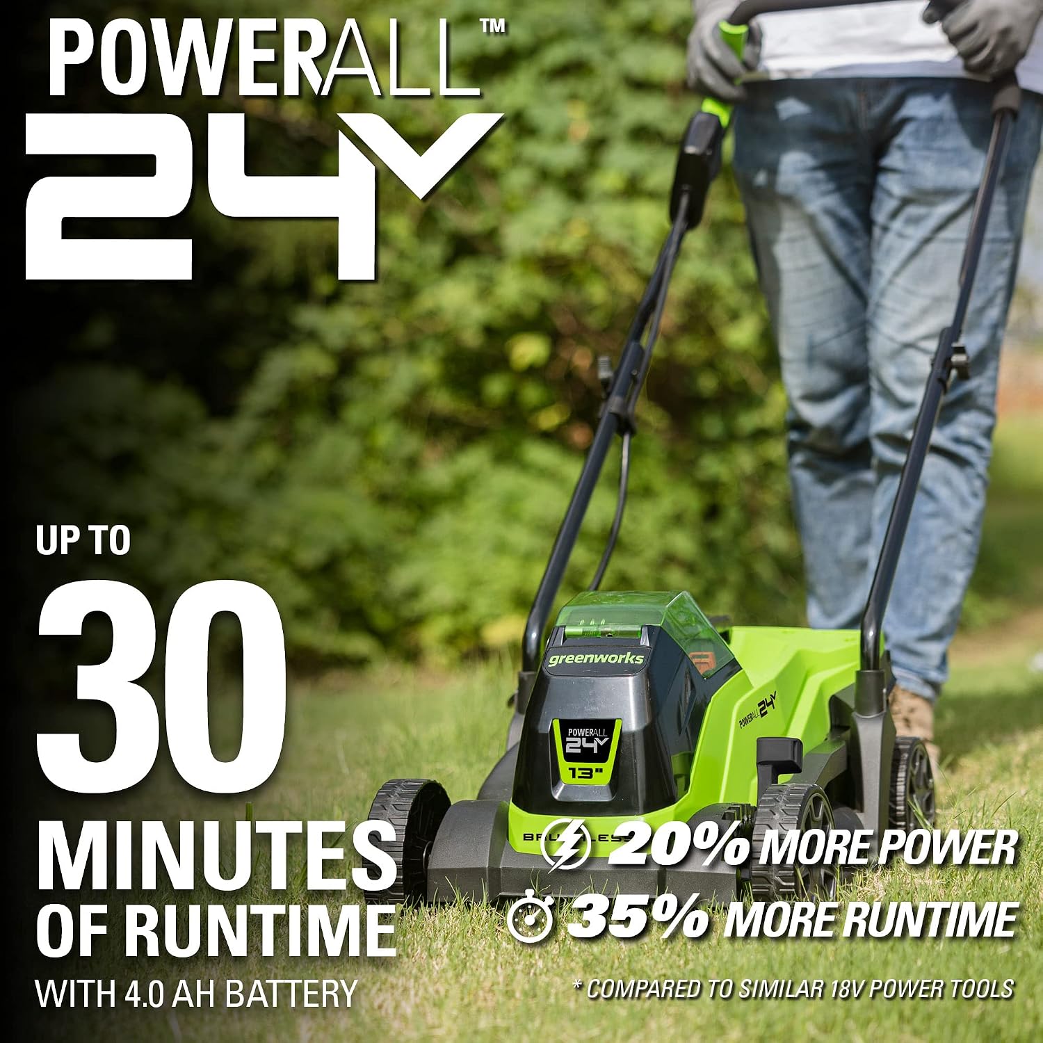 Greenworks 24V 13' Brushless Lawn Mower, String Trimmer, 4.0Ah USB Battery and Charger Included