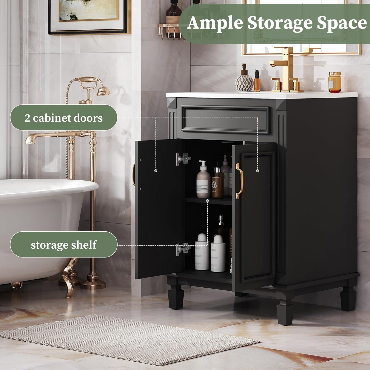 24-inch Bathroom Vanity with Sink Combo, Free-Standing Single Bathroom Storage Cabinet with 2 Soft-Closing Doors and Adjustable Shelf, Wooden Vanity Set with Ceramic Basin for Bathroom (Black)