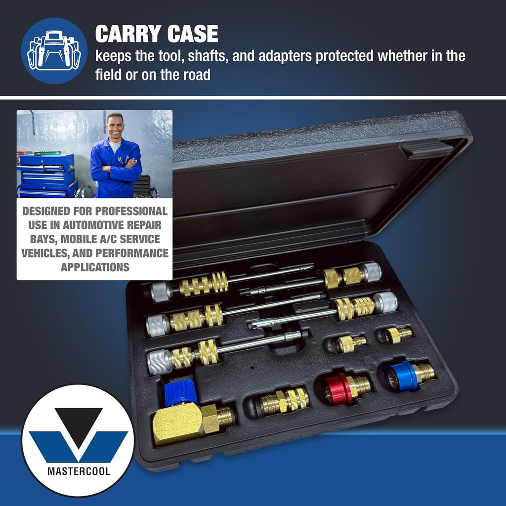 Mastercool 58490 R134a Valve Core Remover/Installer Kit – Works Under Pressure – Covers Standard, JRA, Eaton Cores – Includes Shafts, Adapters, R134a Fittings & Case