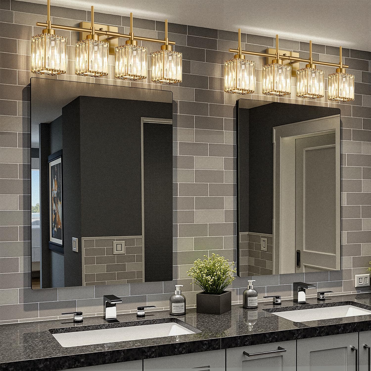 Torondo Modern Crystal Bathroom Vanity Light 4-Lights Brushed Gold Bathroom Light Fixtures Over Mirror Brushed Gold Vanity Lighting Fixtures Square Shade Brass Wall Sconce (Bulbs Not Include)