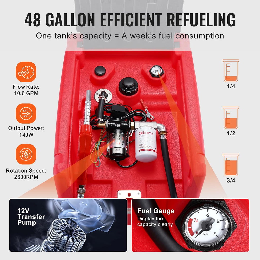 VEVOR Portable Diesel & Gasoline Tank, 48 Gallon, 10.6GPM Flow Rate, Diesel Fuel Tank with 12V Electric Transfer Pump, 13.1ft Hose, Auto Fueling Nozzle, Transfer Tank for Easy Fuel Transportation, Red