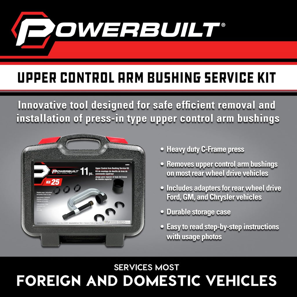 Powerbuilt Upper Control Arm Bushing Service Tool Set for Ford, GM and Chrysler, Remove and Install Car Bushings, 648604