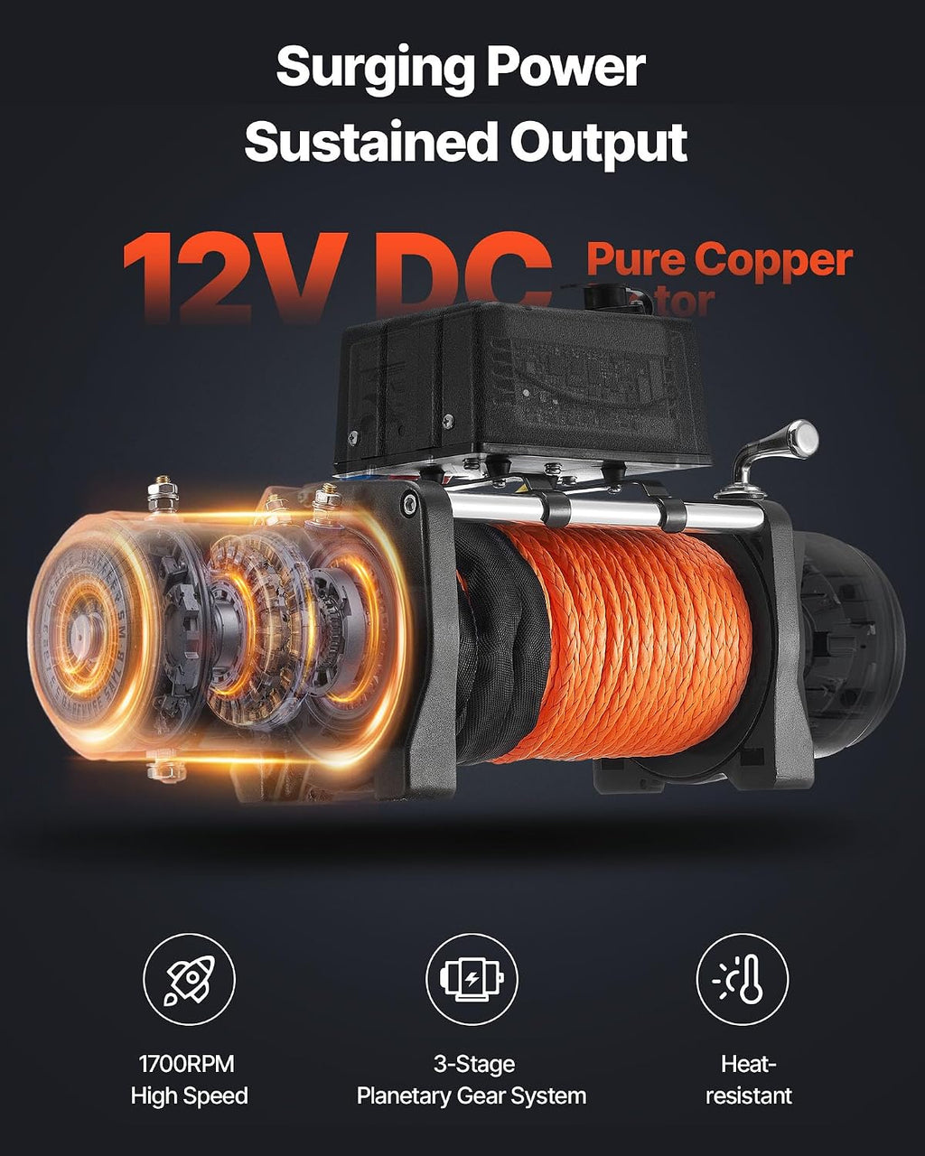 VEVOR Electric Winch, 12000 lbs Load Capacity, 12V DC Truck Winch with Φ0.36 in x 75.5 ft Synthetic Rope, Wireless & Wired Remote Control, IP55 Waterproof for Towing Off-Road SUV Jeep Trailer