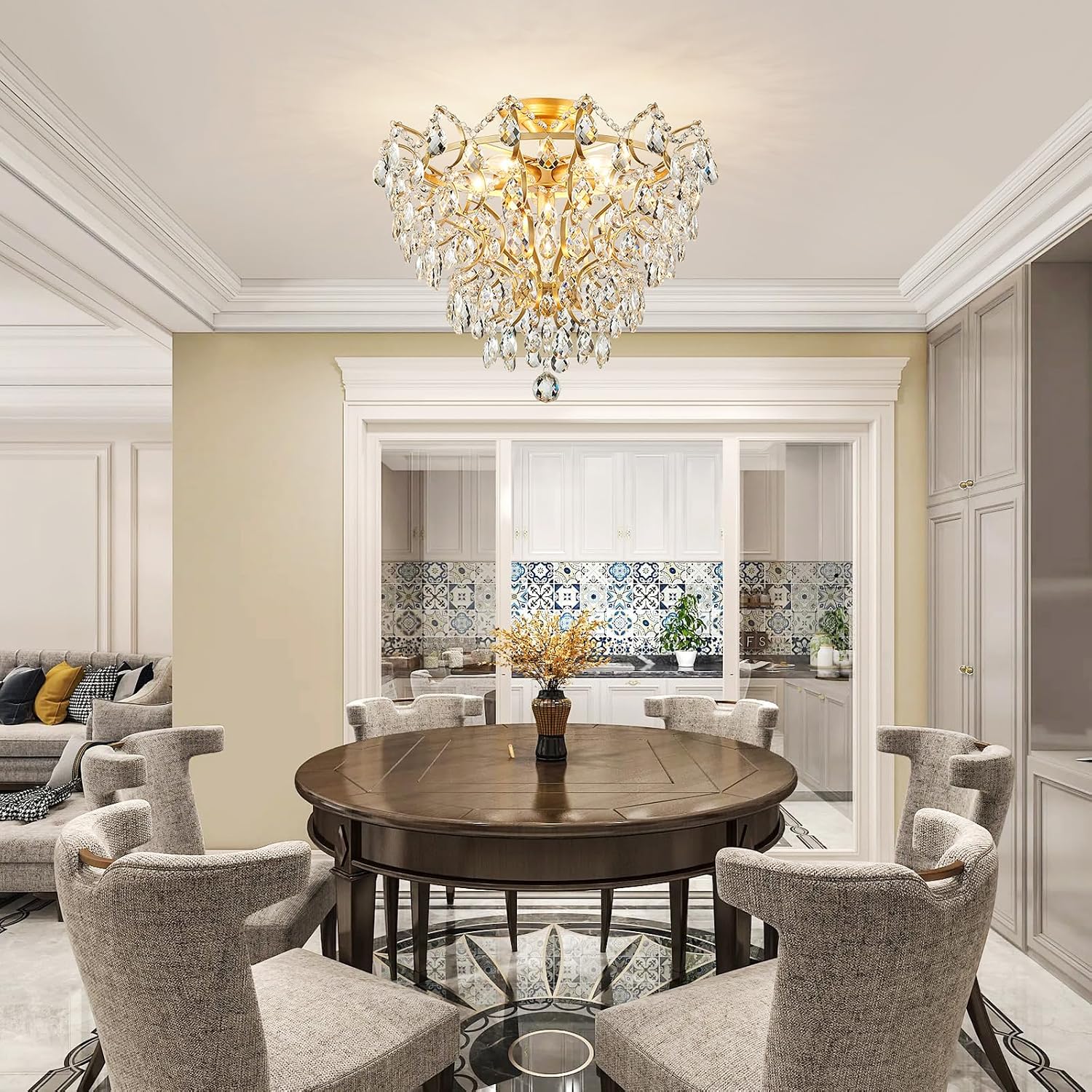 WUZUPS 6-Light Crystal Chandelier Ceiling Light Modern Lighting Fixture for Bedroom Hallway Bar Kitchen Bathroom, H 15.6' W 20.1', E12 Base, Gold